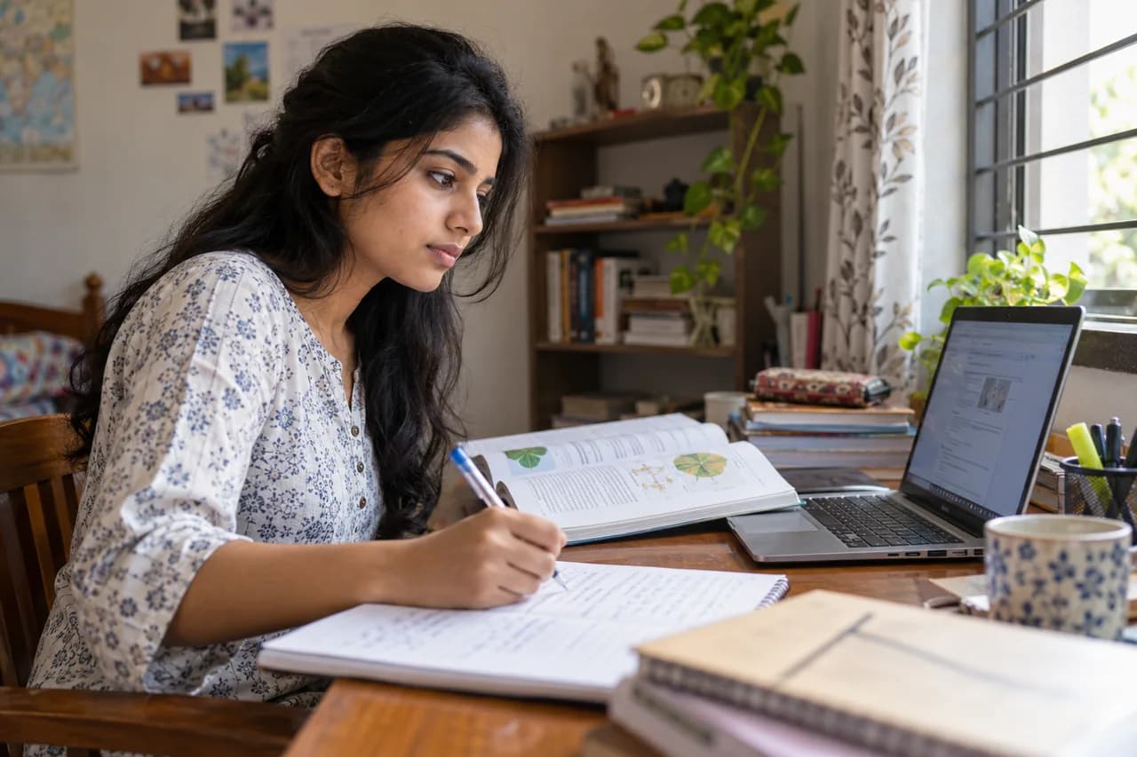 Student taking notes while using a laptop at a home study desk
