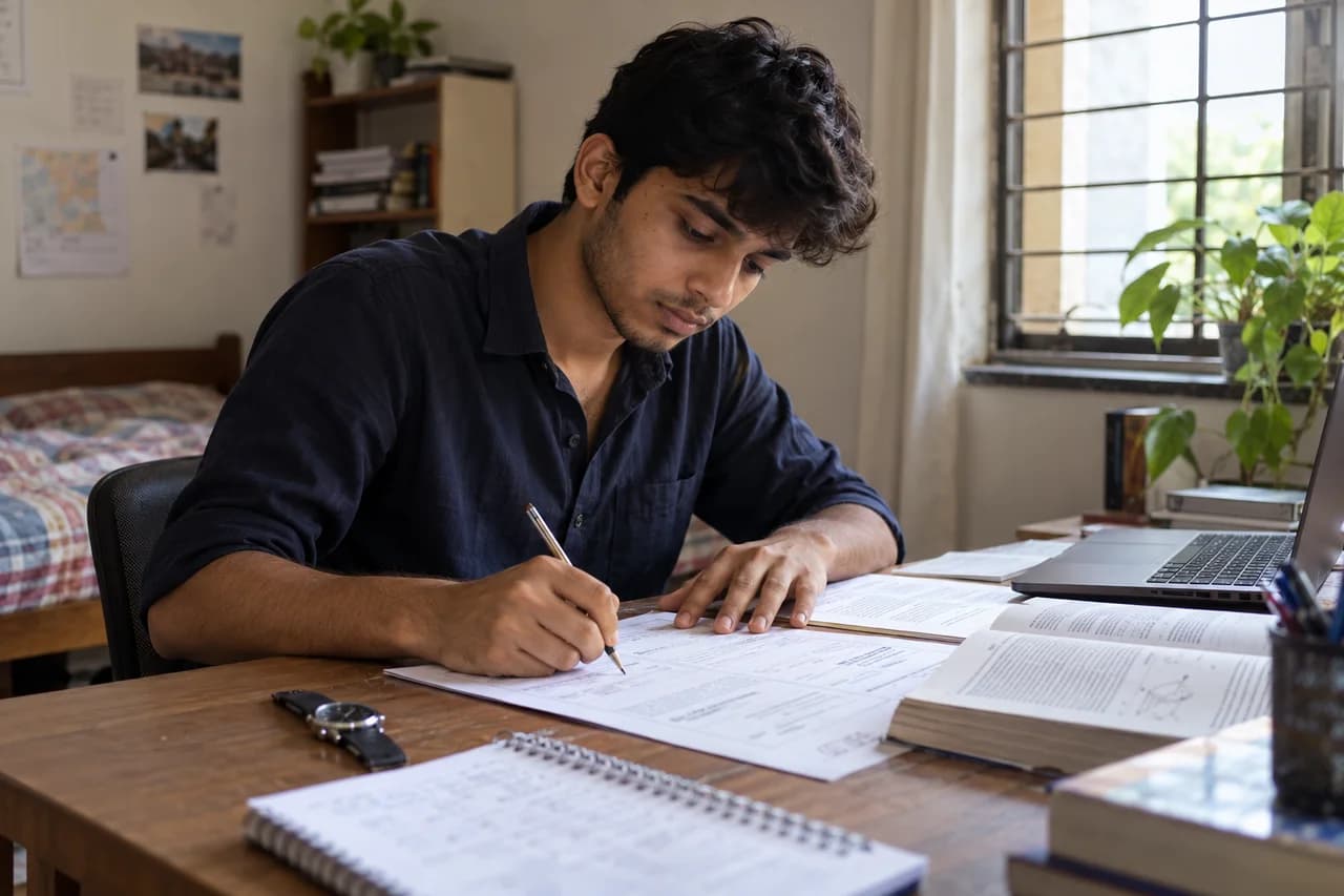 Student working through a timed practice paper at a home desk